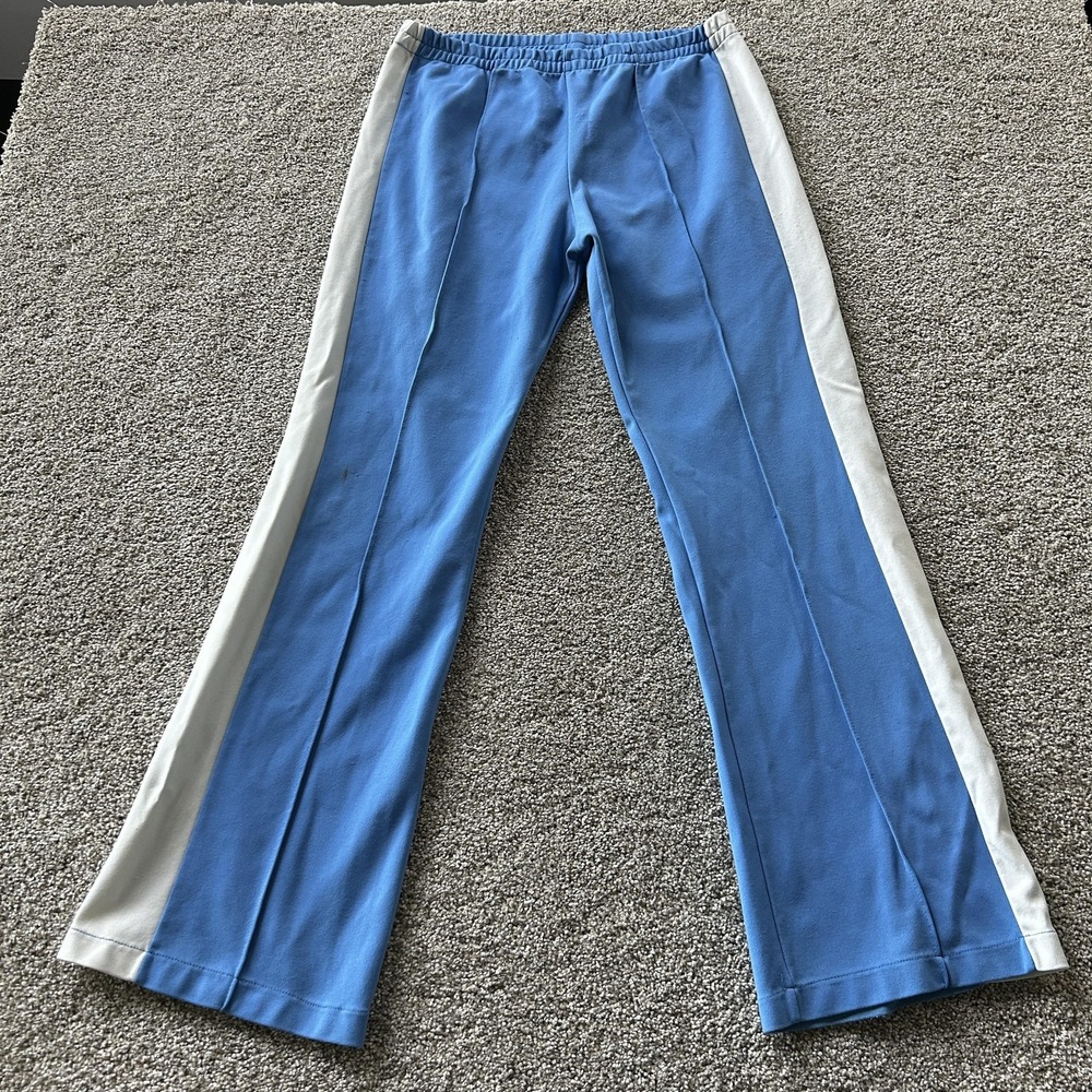 Vintage Track Pants Womens Medium Blue White Stripe Elastic Waist Nylon Gym